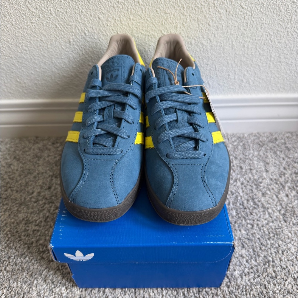 Adidas Gazelle Indoor Pro Suede Sneakers in Teal Blue with Bright Yellow Stripes - Picture 2 of 2